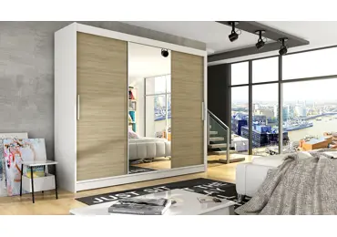 Šatní skříň ANDE I, bílý mat/dub sonoma/zrcadlo