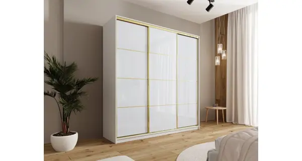 Šatní skříň DAZIO 200 bez zrcadla, se 4 šuplíky a 2 šatními tyčemi, bílý lesk