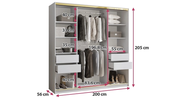 Šatní skříň DAZIO 200 bez zrcadla, se 4 šuplíky a 2 šatními tyčemi, bílý mat