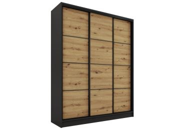 Šatní skříň HARAZIA 150 bez zrcadla, se 4 šuplíky a 2 šatními tyčemi, černý mat/dub artisan