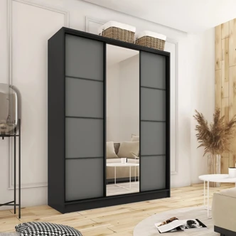 Šatní skříň HARAZIA 150 se zrcadlem, 4 šuplíky a 2 šatními tyčemi, černá/grafit