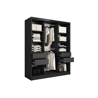 Šatní skříň HARAZIA 150 se zrcadlem, 4 šuplíky a 2 šatními tyčemi, černá/grafit