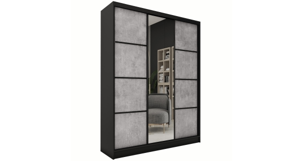 Šatní skříň HARAZIA 150 se zrcadlem, 4 šuplíky a 2 šatními tyčemi, černý mat/beton