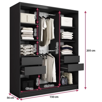 Šatní skříň HARAZIA 150 se zrcadlem, 4 šuplíky a 2 šatními tyčemi, černý mat/dub wotan