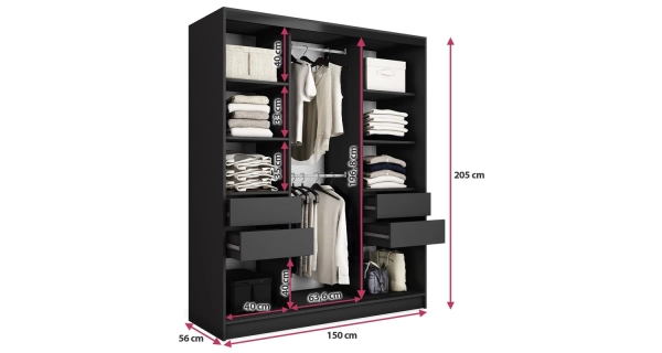 Šatní skříň HARAZIA 150 se zrcadlem, 4 šuplíky a 2 šatními tyčemi, černý mat/dub wotan