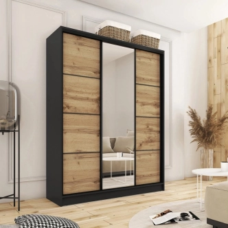 Šatní skříň HARAZIA 150 se zrcadlem, 4 šuplíky a 2 šatními tyčemi, černý mat/dub wotan