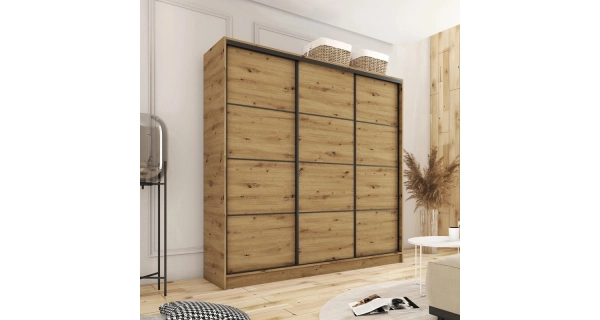 Šatní skříň HARAZIA 180 bez zrcadla, se 4 šuplíky a 2 šatními tyčemi, dub artisan