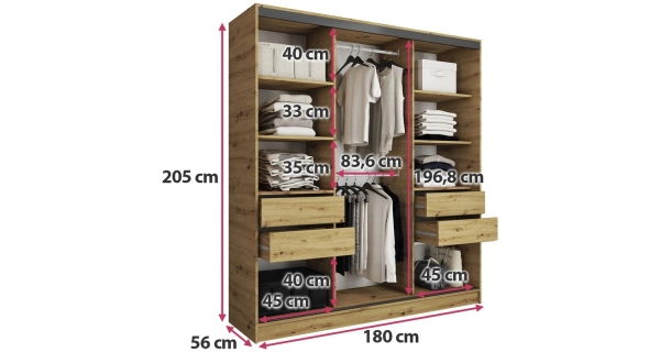 Šatní skříň HARAZIA 180 bez zrcadla, se 4 šuplíky a 2 šatními tyčemi, dub artisan