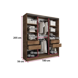 Šatní skříň HARAZIA 180 bez zrcadla, se 4 šuplíky a 2 šatními tyčemi, dub lefkas