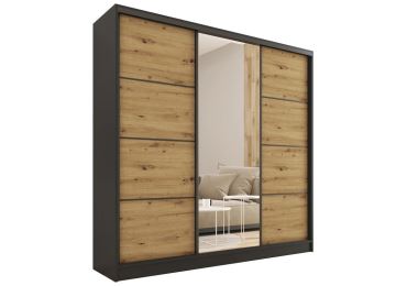 Šatní skříň HARAZIA 180 se zrcadlem, 4 šuplíky a 2 šatními tyčemi, černý mat/dub artisan