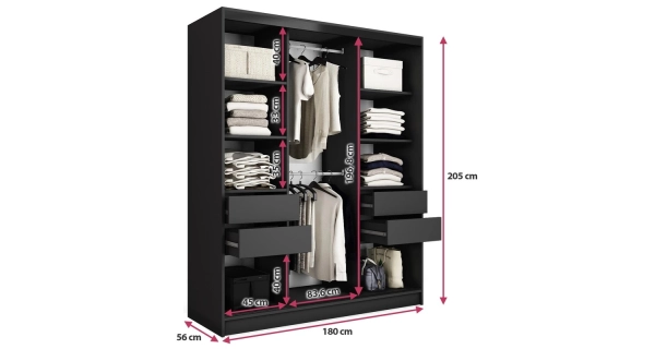 Šatní skříň HARAZIA 180 se zrcadlem, 4 šuplíky a 2 šatními tyčemi, černý mat/dub wotan