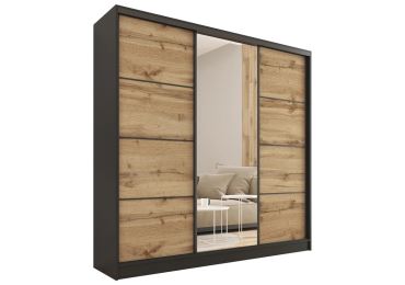 Šatní skříň HARAZIA 180 se zrcadlem, 4 šuplíky a 2 šatními tyčemi, černý mat/dub wotan