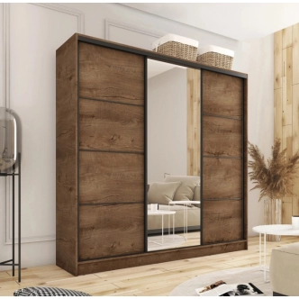 Šatní skříň HARAZIA 180 se zrcadlem, 4 šuplíky a 2 šatními tyčemi, dub lefkas