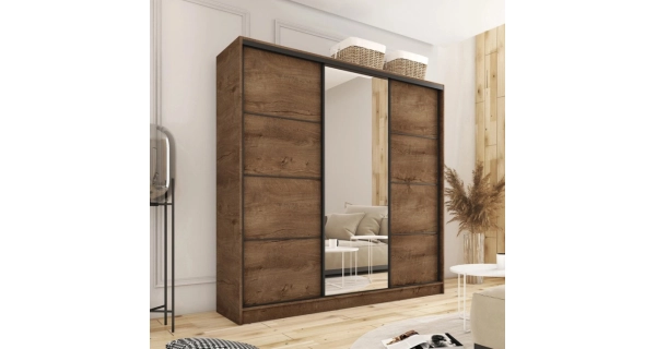 Šatní skříň HARAZIA 180 se zrcadlem, 4 šuplíky a 2 šatními tyčemi, dub lefkas