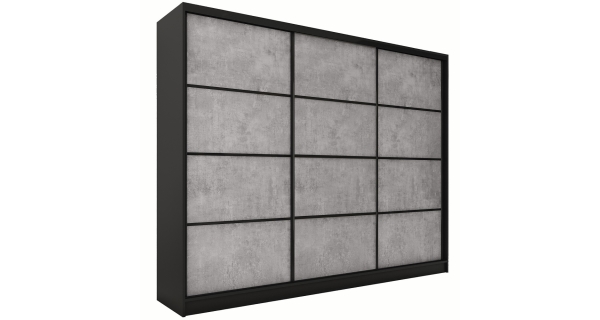 Šatní skříň HARAZIA 200 bez zrcadla, se 4 šuplíky a 2 šatními tyčemi, černý mat/beton