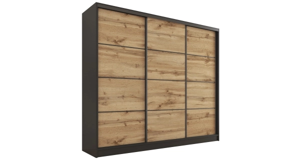 Šatní skříň HARAZIA 200 bez zrcadla, se 4 šuplíky a 2 šatními tyčemi, černý mat / dub wotan