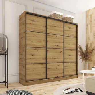 Šatní skříň HARAZIA 200 bez zrcadla, se 4 šuplíky a 2 šatními tyčemi, dub artisan
