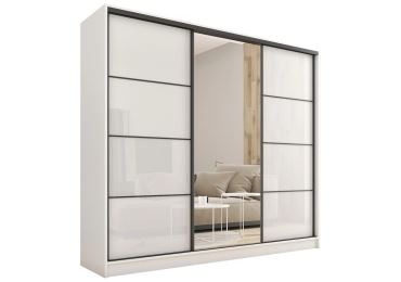 Šatní skříň HARAZIA 200 se zrcadlem, 4 šuplíky a 2 šatními tyčemi, bílý lesk