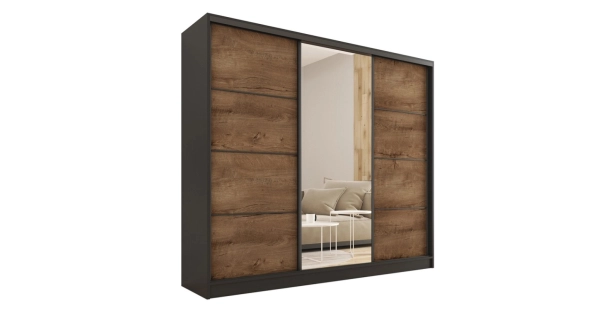 Šatní skříň HARAZIA 200 se zrcadlem, 4 šuplíky a 2 šatními tyčemi, černý mat/ dub lefkas