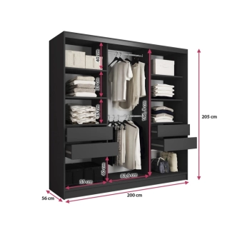 Šatní skříň HARAZIA 200 se zrcadlem, 4 šuplíky a 2 šatními tyčemi, černý mat/ dub lefkas