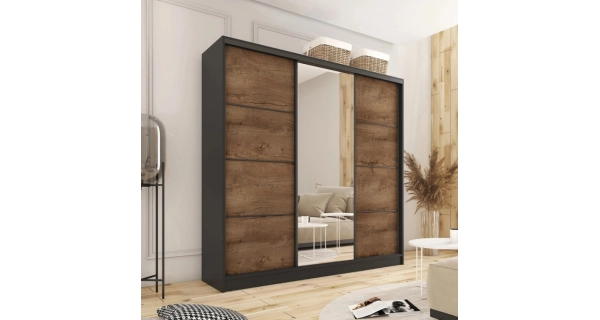 Šatní skříň HARAZIA 200 se zrcadlem, 4 šuplíky a 2 šatními tyčemi, černý mat/ dub lefkas