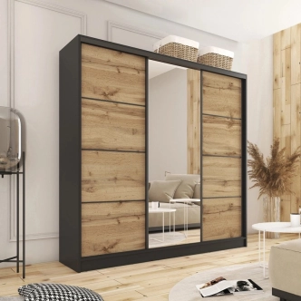 Šatní skříň HARAZIA 200 se zrcadlem, 4 šuplíky a 2 šatními tyčemi, černý mat/ dub wotan