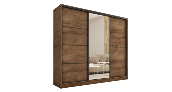 Šatní skříň HARAZIA 200 se zrcadlem, 4 šuplíky a 2 šatními tyčemi, dub lefkas