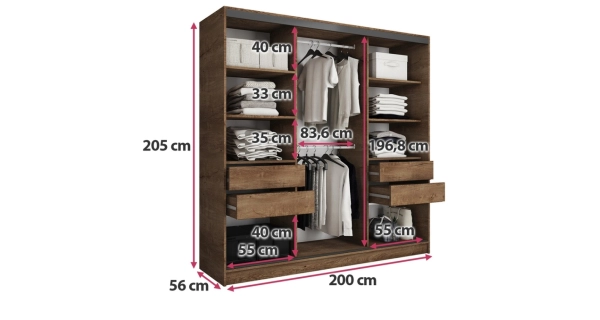 Šatní skříň HARAZIA 200 se zrcadlem, 4 šuplíky a 2 šatními tyčemi, dub lefkas