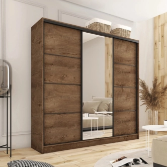 Šatní skříň HARAZIA 200 se zrcadlem, 4 šuplíky a 2 šatními tyčemi, dub lefkas