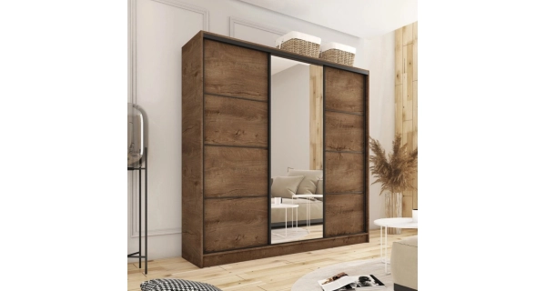 Šatní skříň HARAZIA 200 se zrcadlem, 4 šuplíky a 2 šatními tyčemi, dub lefkas