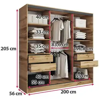 Šatní skříň HARAZIA 200 se zrcadlem, 4 šuplíky a 2 šatními tyčemi, dub wotan