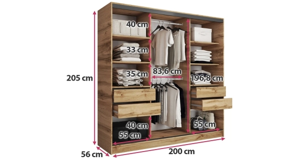 Šatní skříň HARAZIA 200 se zrcadlem, 4 šuplíky a 2 šatními tyčemi, dub wotan