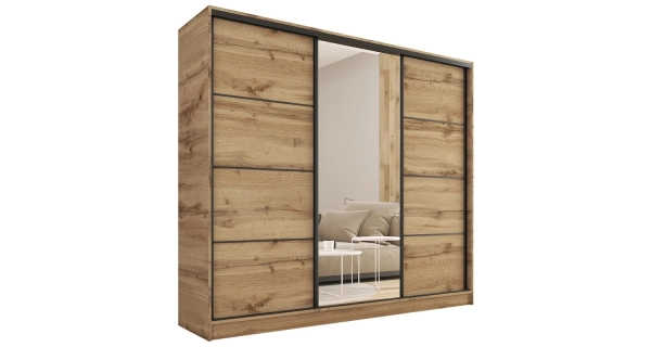 Šatní skříň HARAZIA 200 se zrcadlem, 4 šuplíky a 2 šatními tyčemi, dub wotan