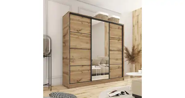 Šatní skříň HARAZIA 200 se zrcadlem, 4 šuplíky a 2 šatními tyčemi, dub wotan