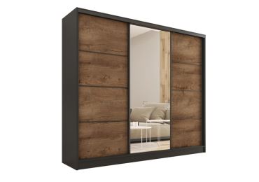 Šatní skříň HARAZIA 200 se zrcadlem, černý mat/ dub lefkas - II. jakost, POUZE OSOBNÍ ODBĚR