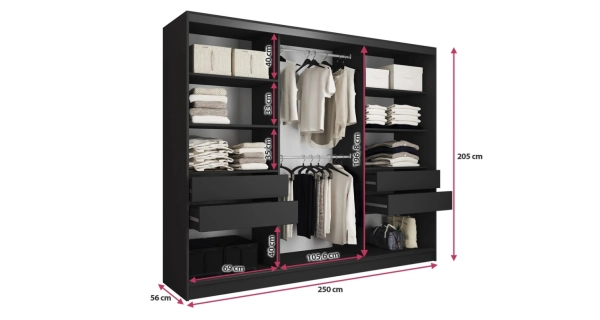 Šatní skříň HARAZIA 250 bez zrcadla, se 4 šuplíky a 2 šatními tyčemi, černý mat/dub lefkas