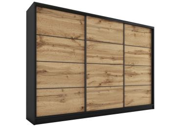 Šatní skříň HARAZIA 250 bez zrcadla, se 4 šuplíky a 2 šatními tyčemi, černý mat/dub wotan