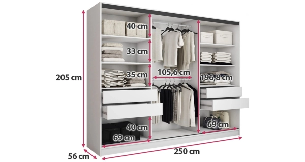 Šatní skříň HARAZIA 250 se zrcadlem, 4 šuplíky a 2 šatními tyčemi, bílý lesk