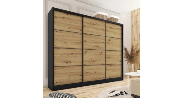 Šatní skříň HARAZIA 280 bez zrcadla, se 4 šuplíky a 2 šatními tyčemi, černý mat/dub artisan