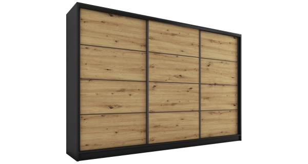 Šatní skříň HARAZIA 280 bez zrcadla, se 4 šuplíky a 2 šatními tyčemi, černý mat/dub artisan