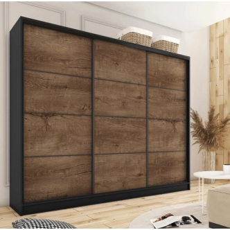 Šatní skříň HARAZIA 280 bez zrcadla, se 4 šuplíky a 2 šatními tyčemi, černý mat/ dub lefkas