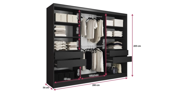 Šatní skříň HARAZIA 280 bez zrcadla, se 4 šuplíky a 2 šatními tyčemi, černý mat/ dub lefkas