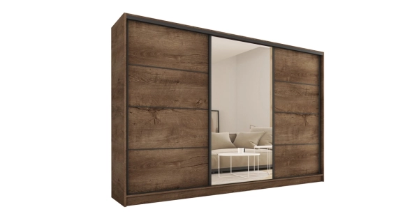 Šatní skříň HARAZIA 280 se zrcadlem, 4 šuplíky a 2 šatními tyčemi, dub lefkas