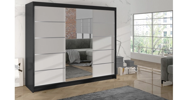 Šatní skříň HARDY VI se zrcadlem, černá/bílá