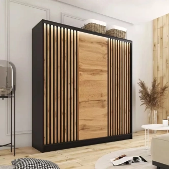 Šatní skříň INSULAR 3D 150 bez zrcadla, se 4 šuplíky a 2 šatními tyčemi, černý mat/dub wotan