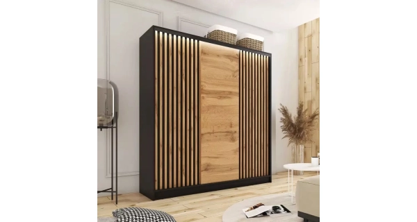 Šatní skříň INSULAR 3D 150 bez zrcadla, se 4 šuplíky a 2 šatními tyčemi, černý mat/dub wotan