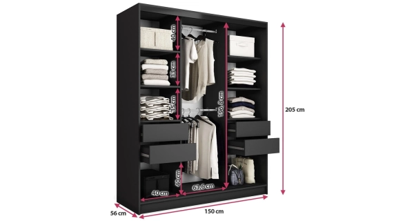 Šatní skříň INSULAR 3D 150 se zrcadlem, 4 šuplíky a 2 šatními tyčemi, černý mat/dub lefkas