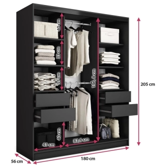 Šatní skříň INSULAR 3D 180 bez zrcadla, se 4 šuplíky a 2 šatními tyčemi, černý mat/dub lefkas