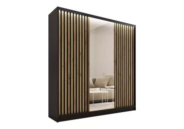 Šatní skříň INSULAR 3D 180 se zrcadlem, 4 šuplíky a 2 šatními tyčemi, černý mat/dub artisan