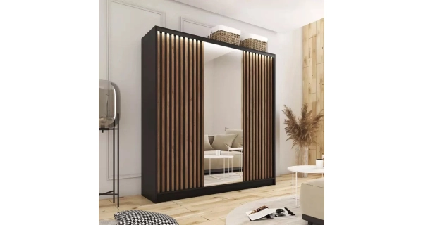 Šatní skříň INSULAR 3D 180 se zrcadlem, 4 šuplíky a 2 šatními tyčemi, černý mat/dub lefkas